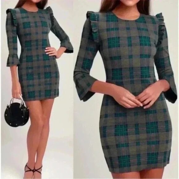 JOA Plaid Mini Dress Bodycon Fitted Sheath Ruffle  3/4 Bell Sleeves Gray Teal - Picture 1 of 11